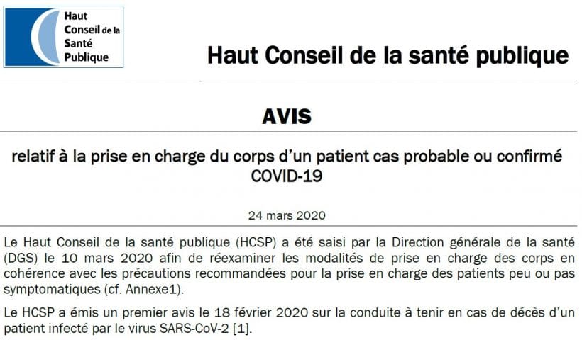 prise en charge du corps d’un patient cas probable ou confirmé COVID-19